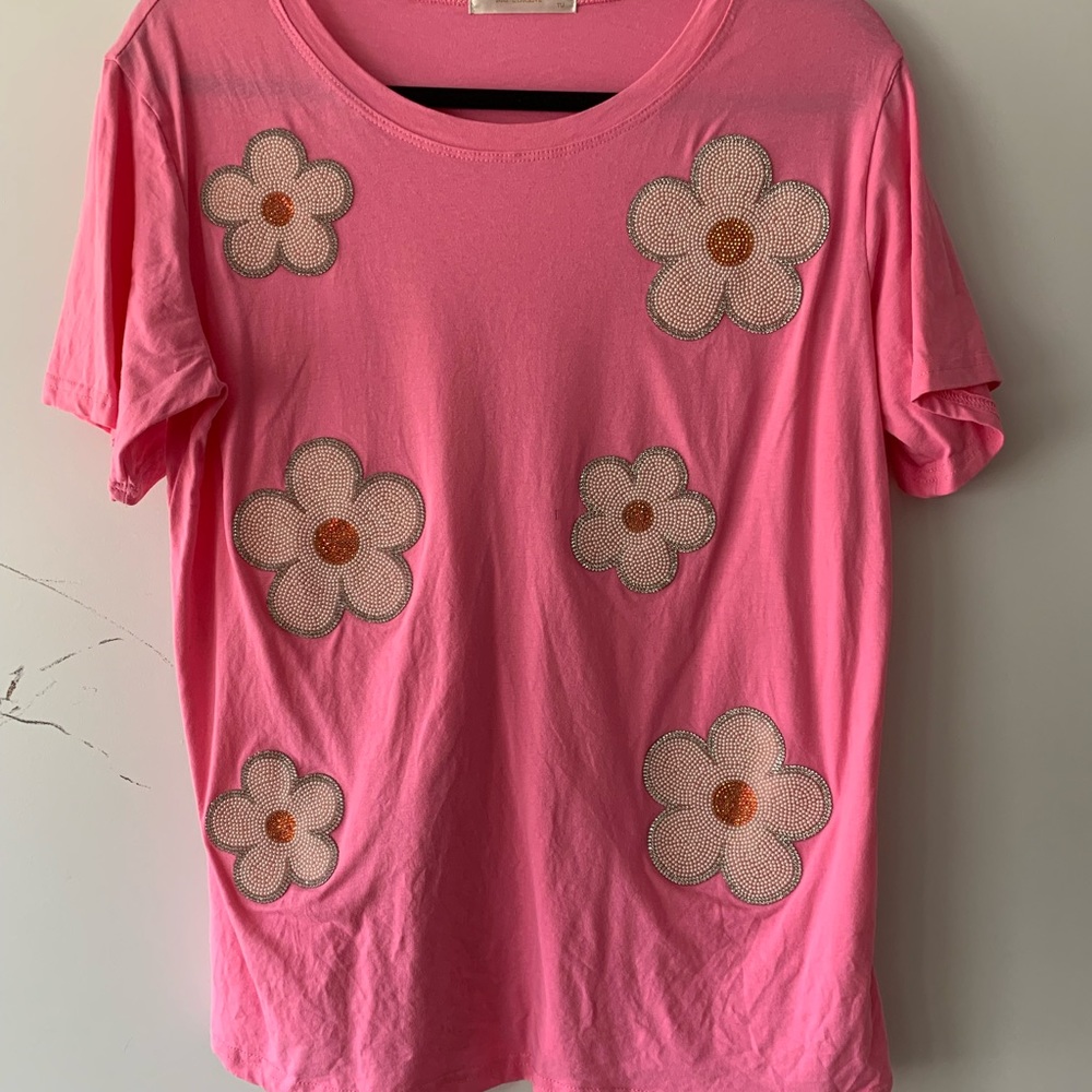 Barbie pink top. Crystal flowers. MC  Lorene OS